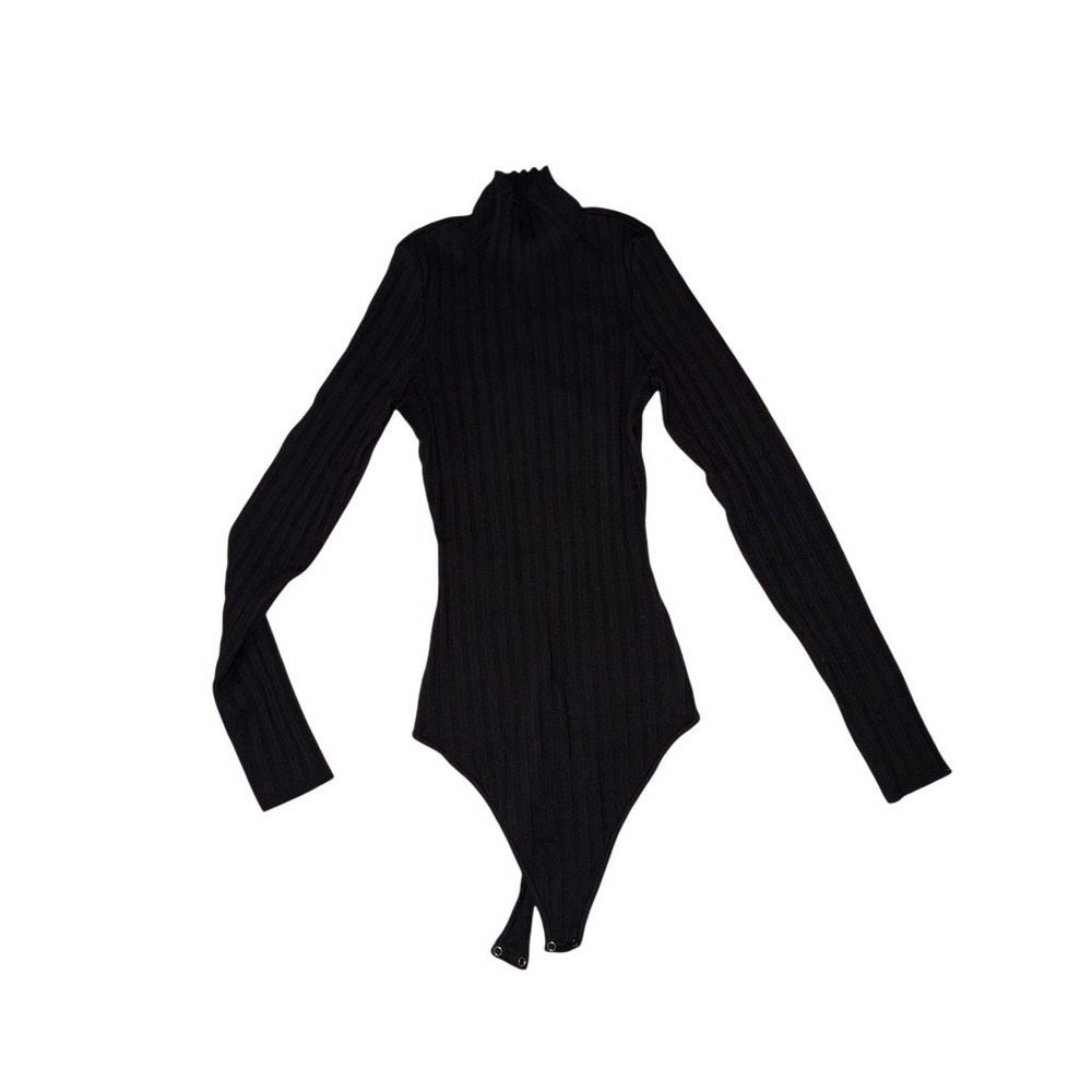 Quince cotton cashmere Bodysuit Womens XS Black Ribbed Turtleneck Snap Closure - Picture 4 of 7